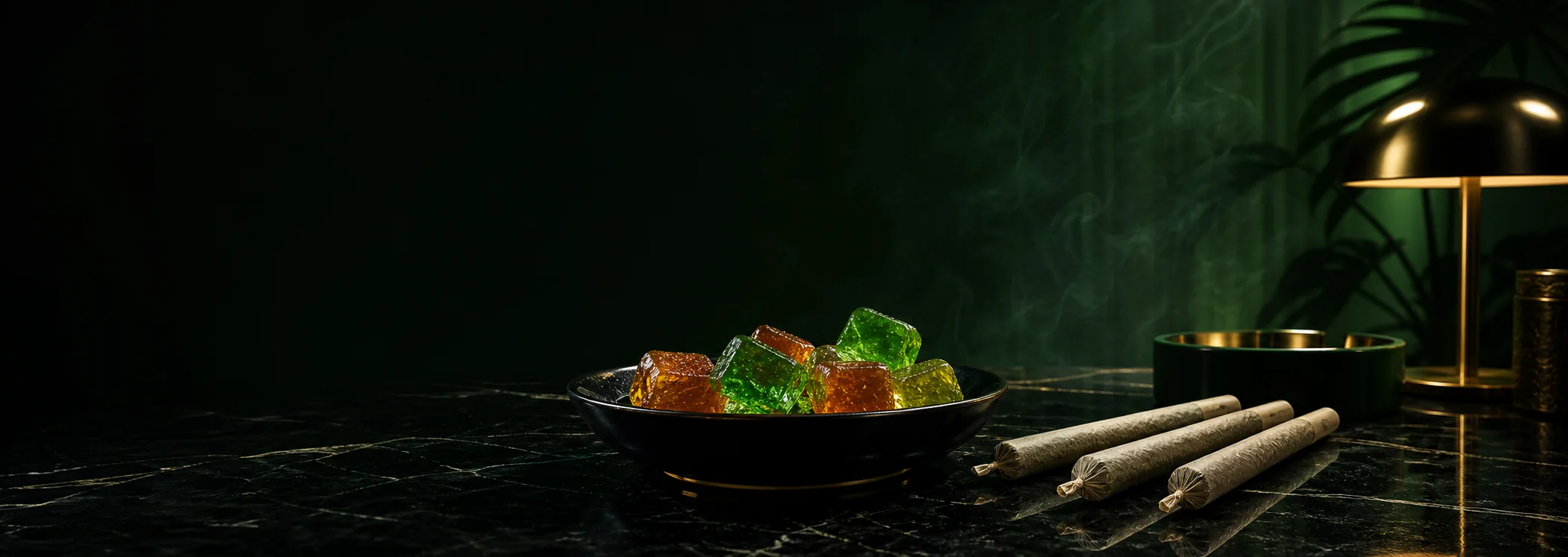 Cannabis edibles and pre-rolls presented on a black marble lounge table