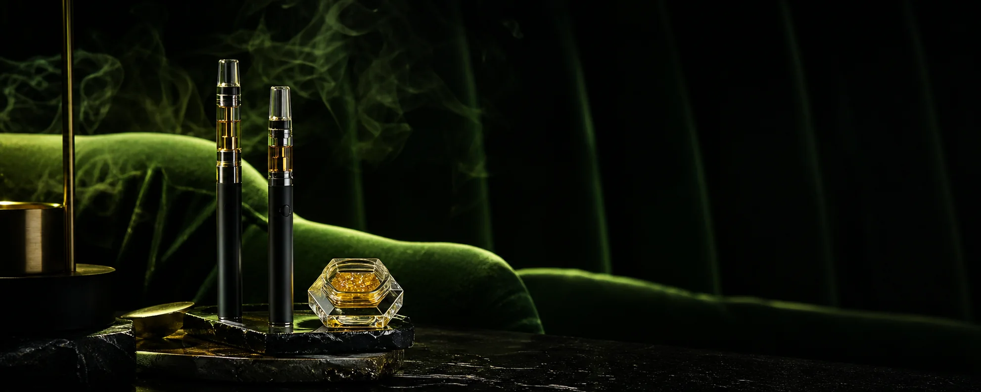 Unbranded vape pens and concentrate jar styled in a dark green premium lounge